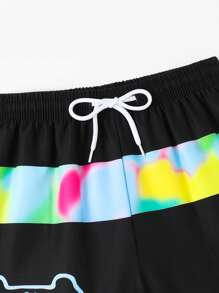 Tween Boy Gamepad & Letter Graphic Drawstring Waist Swim Shorts - Black - View 5