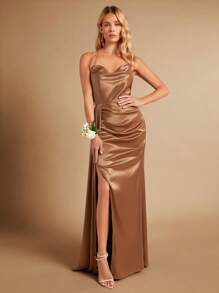 SHEIN Belle cổ áo xếp nếp Xù Tách đùi Xa ten Váy Phù dâu Dây - màu nâu - Xem 4