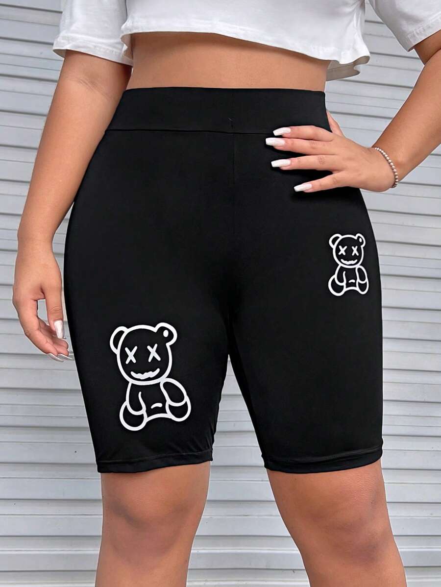 SHEIN EZwear Hơn In Gấu Quần short đi xe - màu đen - Xem 1