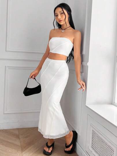 SHEIN EZwear Conjunto De Verano: Top De Tubo Sólido Y Falda De Dobladillo De Sirena