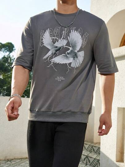 Manfinity Roughcore قميص ثقيل حمامة & بطباعة شعار للرجال