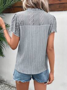 SHEIN Frenchy Women's Tops Bow Mother Day Romantic French Lace Panel Tie Neck Blouse Summer - Light Grey - View 2