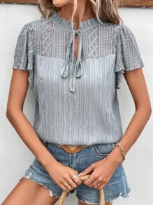 SHEIN Frenchy Women's Tops Bow Mother Day Romantic French Lace Panel Tie Neck Blouse Summer - Light Grey - View 5