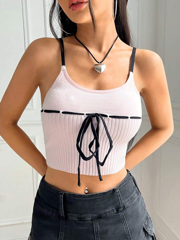 Knot Front Crop Cami Knit Top