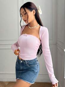 SHEIN MOD Solid Bow Front Tube Top & Bolero - Baby Pink - View 4