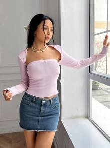 SHEIN MOD Solid Bow Front Tube Top & Bolero - Baby Pink - View 6