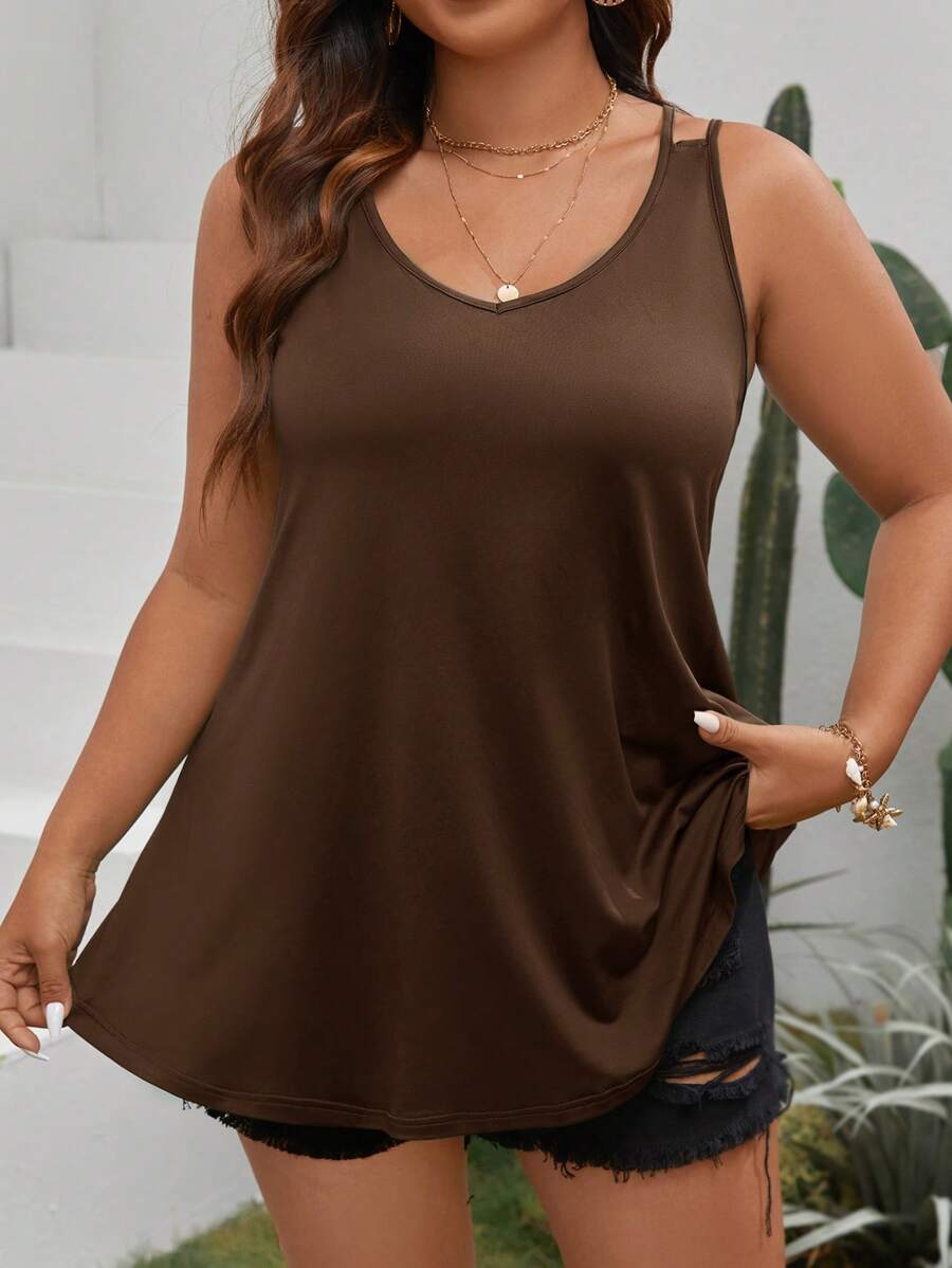 SHEIN VCAY Hơn Chất rắn Cami ngọn - màu nâu - Xem 1