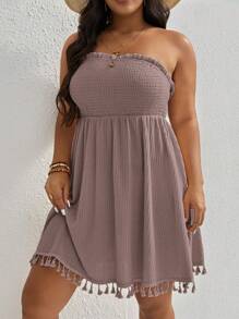 SHEIN VCAY Váy ống viền tua rua dệt kim tổ ong Plus mùa hè - Bụi hồng - Xem 1