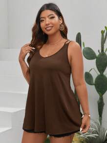 SHEIN VCAY Hơn Chất rắn Cami ngọn - màu nâu - Xem 3