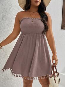 SHEIN VCAY Váy ống viền tua rua dệt kim tổ ong Plus mùa hè - Bụi hồng - Xem 4