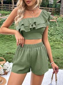 SHEIN VCAY One Shoulder Ruffle Trim Crop Top & Shorts - Green - View 1