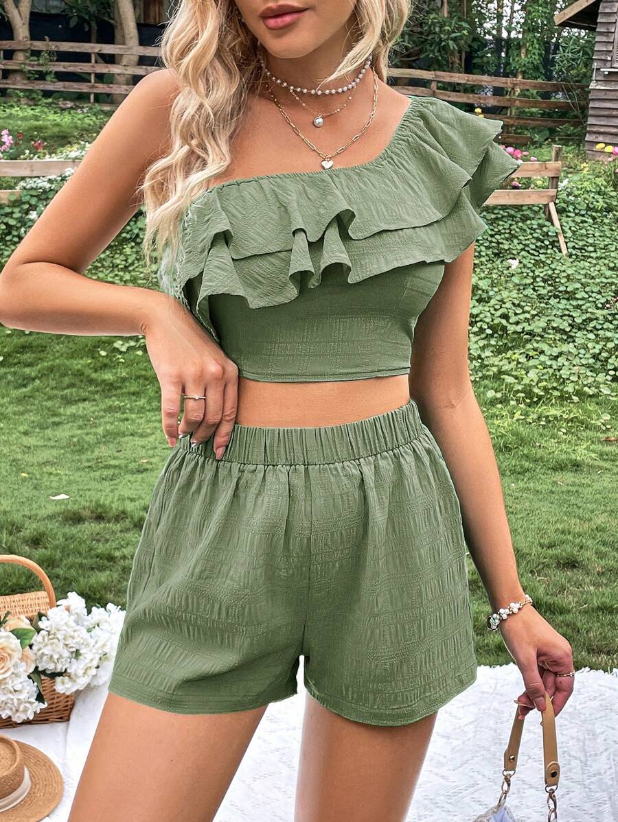 SHEIN VCAY One Shoulder Ruffle Trim Crop Top & Shorts - Green - View 1