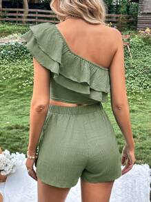 SHEIN VCAY One Shoulder Ruffle Trim Crop Top & Shorts - Green - View 2