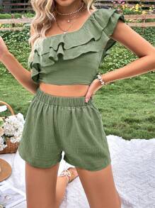 SHEIN VCAY One Shoulder Ruffle Trim Crop Top & Shorts - Green - View 3