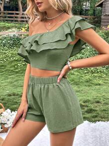 SHEIN VCAY One Shoulder Ruffle Trim Crop Top & Shorts - Green - View 4