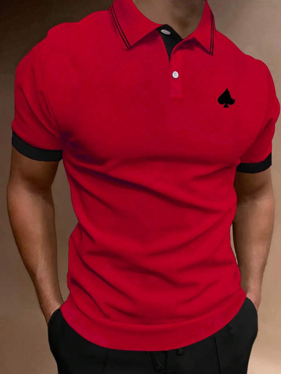 Manfinity Homme Men Playing Card Print Striped Trim Polo Shirt - Burgundy - View 1
