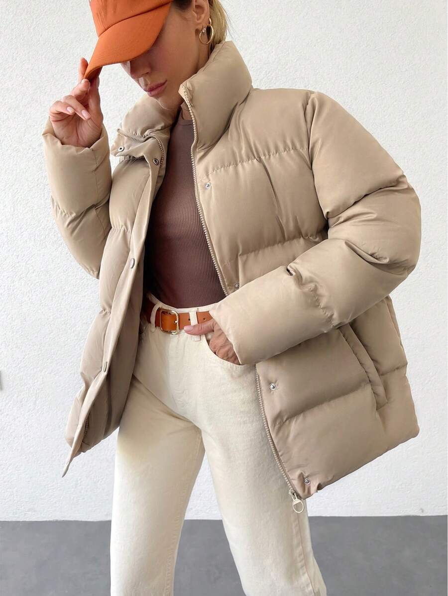 EURMUSE Zip Up Snap Button Puffer Coat - Beige - View 1