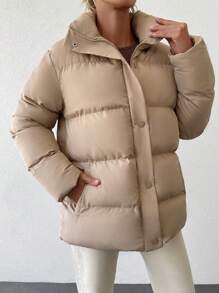 EURMUSE Zip Up Snap Button Puffer Coat - Beige - View 4