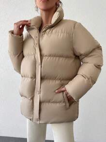 EURMUSE Zip Up Snap Button Puffer Coat - Beige - View 5