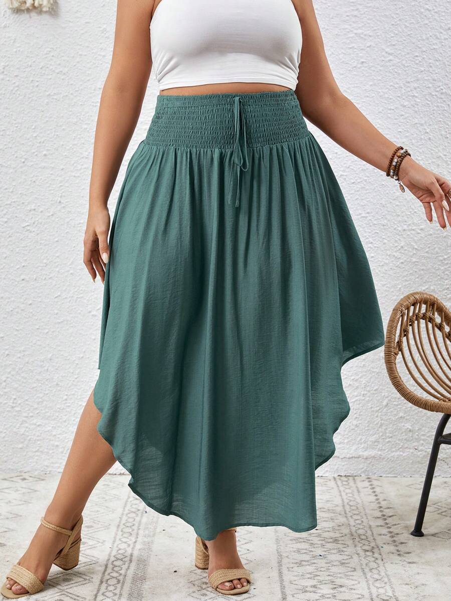 SHEIN VCAY Plus Solid Curved Hem Tie Front Summer Skirt - Teal Blue - View 1