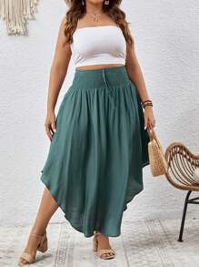 SHEIN VCAY Plus Solid Curved Hem Tie Front Summer Skirt - Teal Blue - View 3