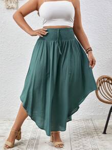 SHEIN VCAY Plus Solid Curved Hem Tie Front Summer Skirt - Teal Blue - View 4