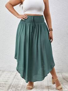 SHEIN VCAY Plus Solid Curved Hem Tie Front Summer Skirt - Teal Blue - View 5