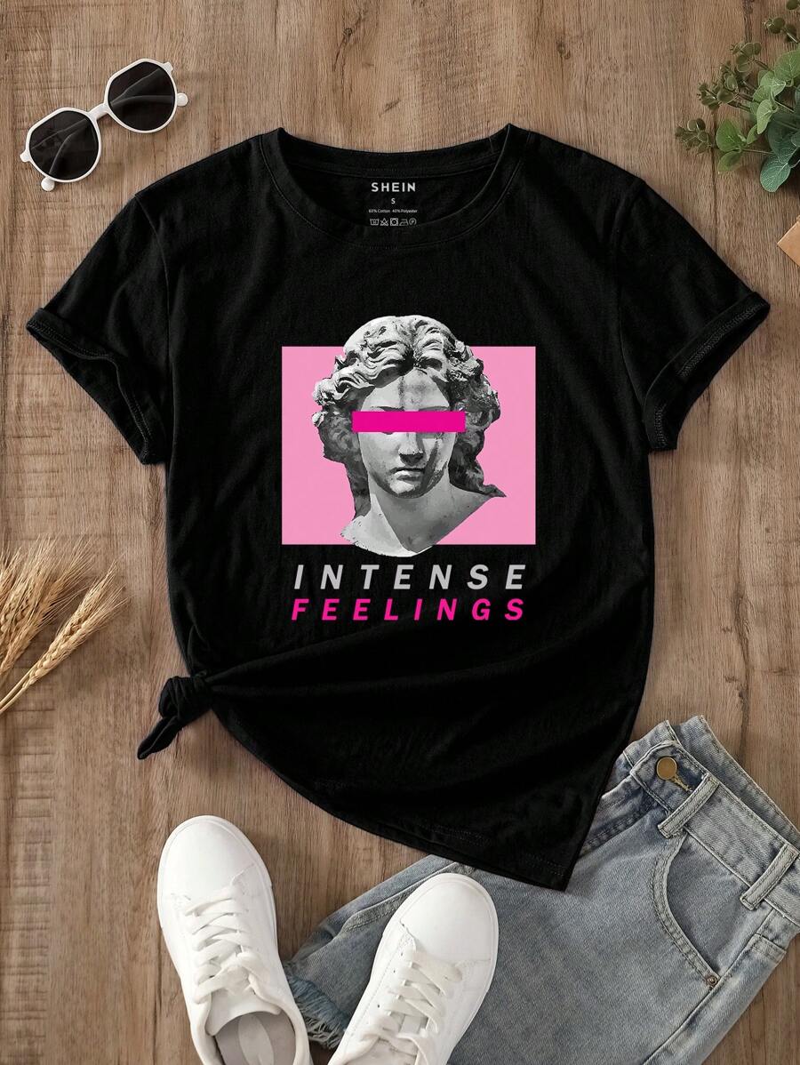 INAWLY 雕塑和字母图案 T 恤 图案 T 恤 女式上衣 - 黑色 - 查看 1