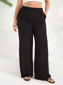 RueChic 女式加大码纯色阔腿休闲裤，松紧腰带和口袋 - 黑色 - 查看 1