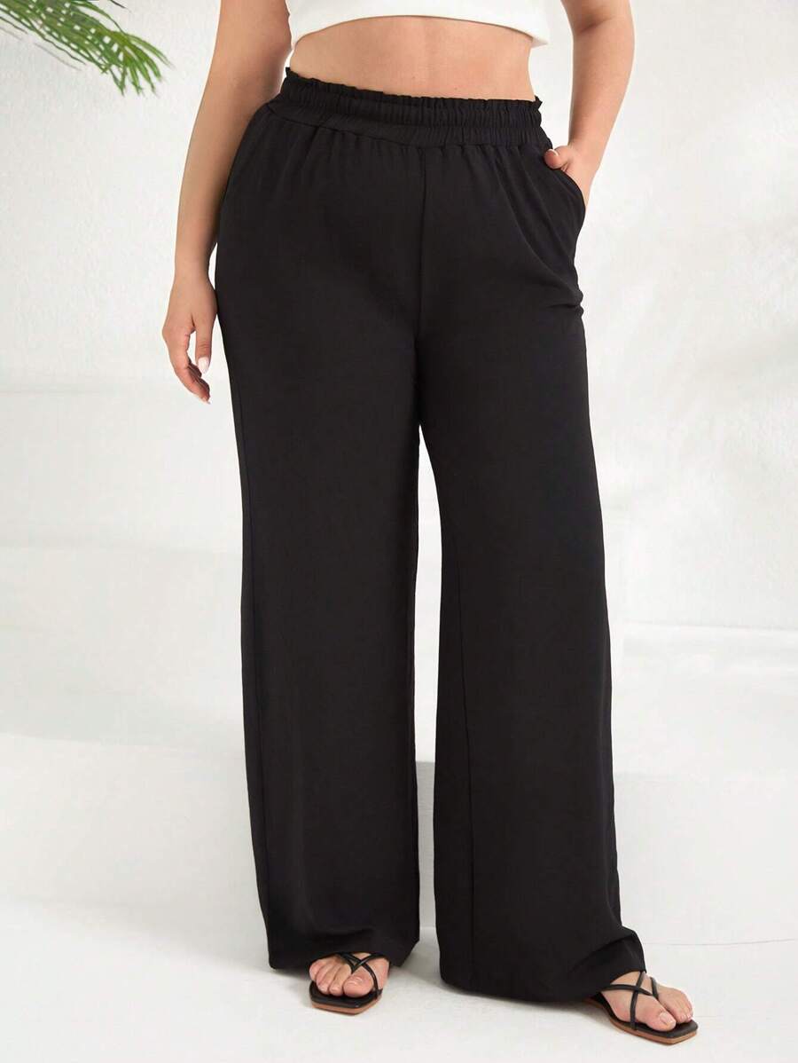 RueChic 女式加大码纯色阔腿休闲裤，松紧腰带和口袋 - 黑色 - 查看 1