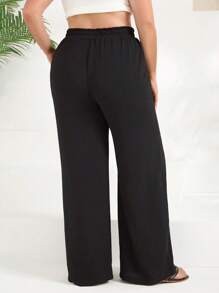 RueChic 女式加大码纯色阔腿休闲裤，松紧腰带和口袋 - 黑色 - 查看 2