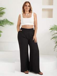 RueChic 女式加大码纯色阔腿休闲裤，松紧腰带和口袋 - 黑色 - 查看 3