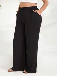 RueChic 女式加大码纯色阔腿休闲裤，松紧腰带和口袋 - 黑色 - 查看 4