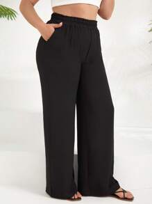 RueChic 女式加大码纯色阔腿休闲裤，松紧腰带和口袋 - 黑色 - 查看 5