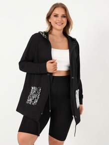 RueChic Plus Contrast Sequin Drawstring Waist Hooded Coat - Black - View 2