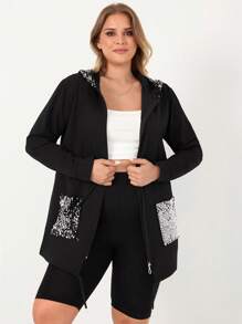 RueChic Plus Contrast Sequin Drawstring Waist Hooded Coat - Black - View 4