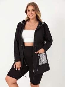 RueChic Plus Contrast Sequin Drawstring Waist Hooded Coat - Black - View 1