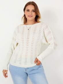 RueChic Plus Batwing Sleeve Pointelle Knit Jumper - White - View 1