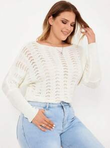 RueChic Plus Batwing Sleeve Pointelle Knit Jumper - White - View 3