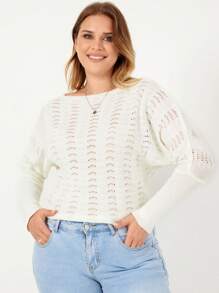 RueChic Plus Batwing Sleeve Pointelle Knit Jumper - White - View 4