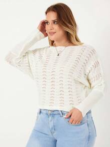 RueChic Plus Batwing Sleeve Pointelle Knit Jumper - White - View 5