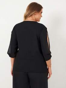 RueChic Plus Solid Split Sleeve V Neck Blouse - Black - View 1