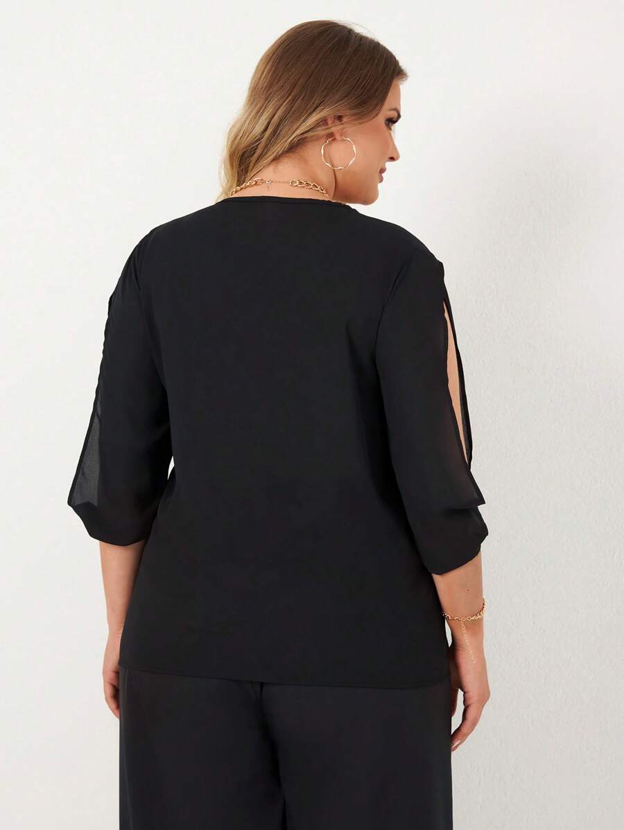 RueChic Plus Solid Split Sleeve V Neck Blouse - Black - View 1