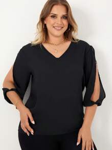 RueChic Plus Solid Split Sleeve V Neck Blouse - Black - View 3