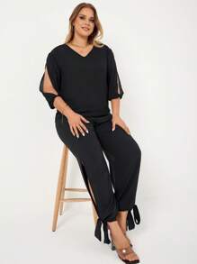 RueChic Plus Solid Split Sleeve V Neck Blouse - Black - View 4