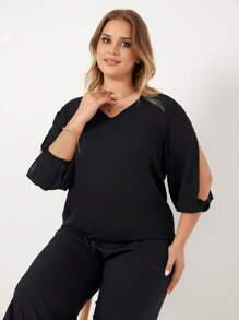RueChic Plus Solid Split Sleeve V Neck Blouse - Black - View 5