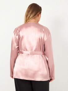 RueChic Plus Solid Belted Satin Blouse - Baby Pink - View 3