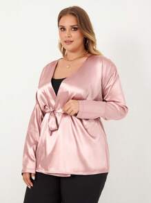 RueChic Plus Solid Belted Satin Blouse - Baby Pink - View 4