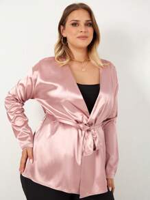 RueChic Plus Solid Belted Satin Blouse - Baby Pink - View 1