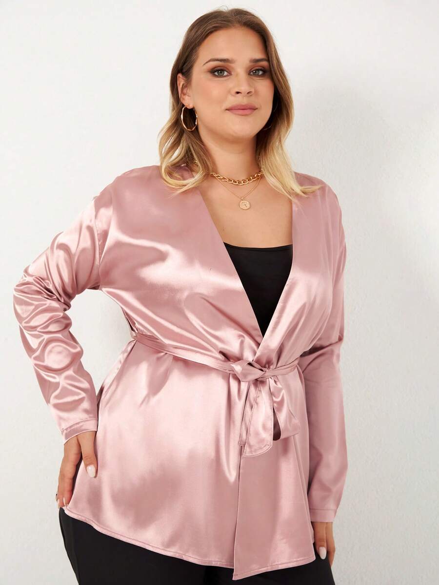 RueChic Plus Solid Belted Satin Blouse - Baby Pink - View 1